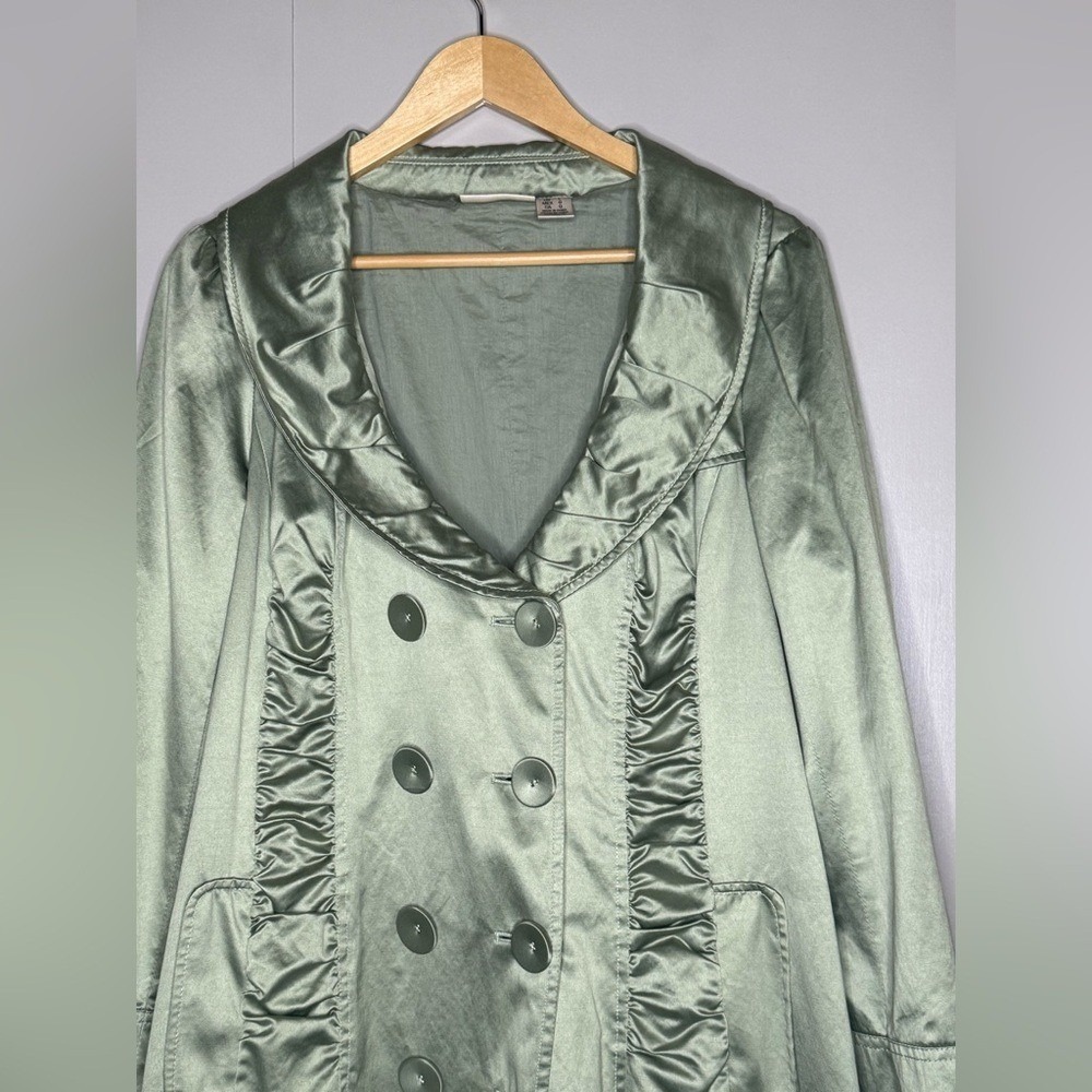 DKNY Jeans Satin Trench Coat Sage Green Double Breasted Women's L - Picture 4 of 9